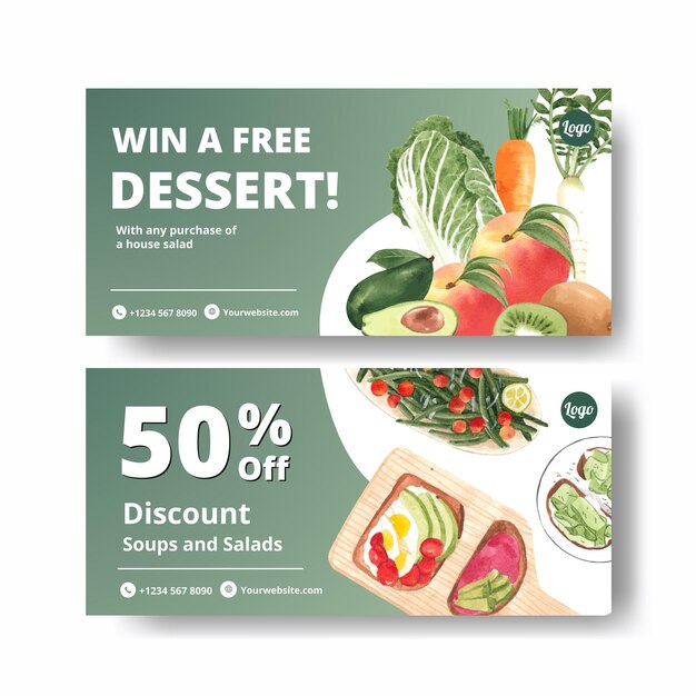 Voucher templates for World vegetarian day in watercolor style