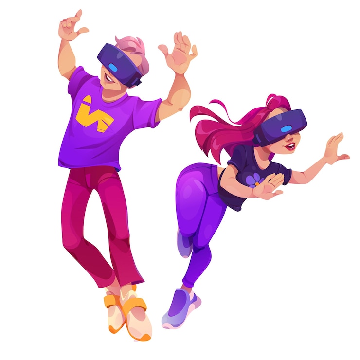 無料Vector vr ゲーム メタバース メガネ p2e 技術ベクトル概念仮想現実ビデオゲーム漫画イラストのゲーマー キャラクター男と女の子はオンライン デバイスで遊ぶ未来的な分離ゲームフィ クリップアート