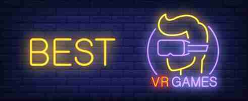 Free vector vr games neon style banner on brick background. gamer in goggles and best lettering.