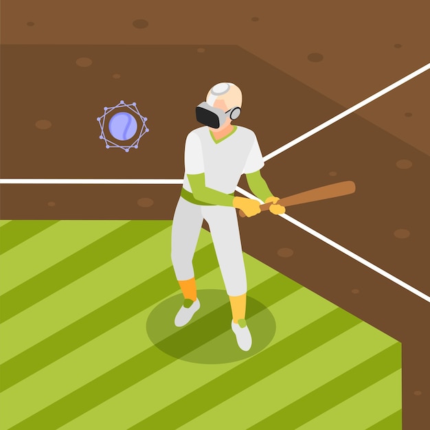 Vettore gratuito allenamenti sportivi vr sfondo colorato e isometrico l'uomo gioca a baseball virtuale con gli occhiali illustrazione vettoriale