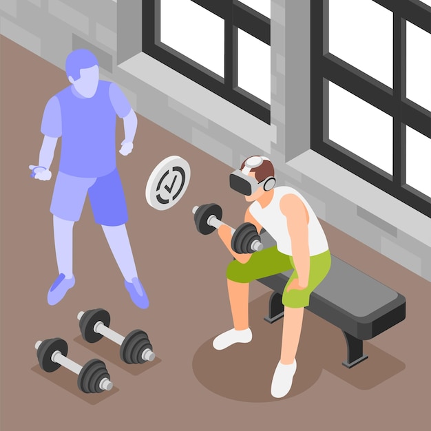 Vettore gratuito il concetto colorato isometrico degli allenamenti sportivi vr con il giovane si allena in palestra con un'illustrazione vettoriale dell'allenatore