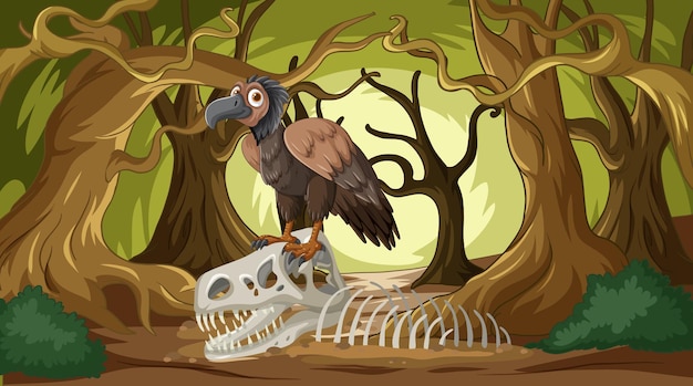 Free vector vulture perched on animal skeleton in forest