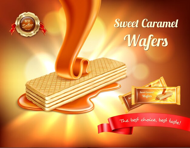 Wafer realistic banner with blurs lights and pouring caramel with editable text and packging