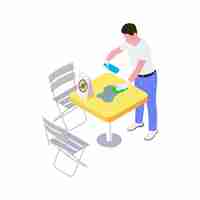 Free vector waiter in protective gloves sanitizing cafe table isometric illustration 3d vector illlustration