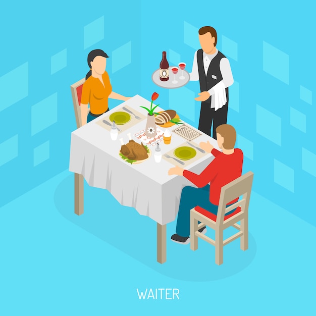 Free vector waiter serving customers isometric poster