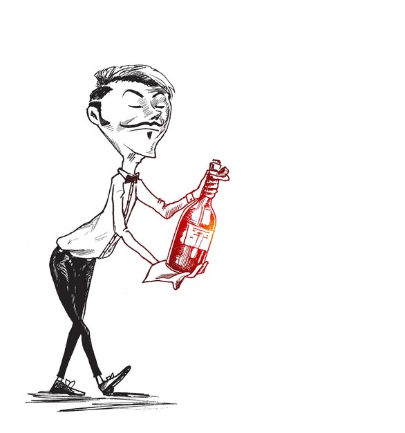 Waiter serving wine in restaurant Hand Drawn Sketch Vector illustration