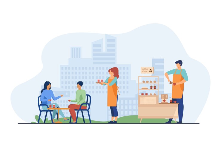 Free Vector waitress carrying takeaway coffee to customers in outdoor cafe.