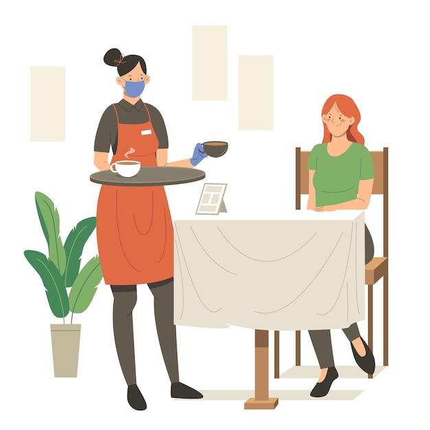 Free vector waitress wearing face mask and serving