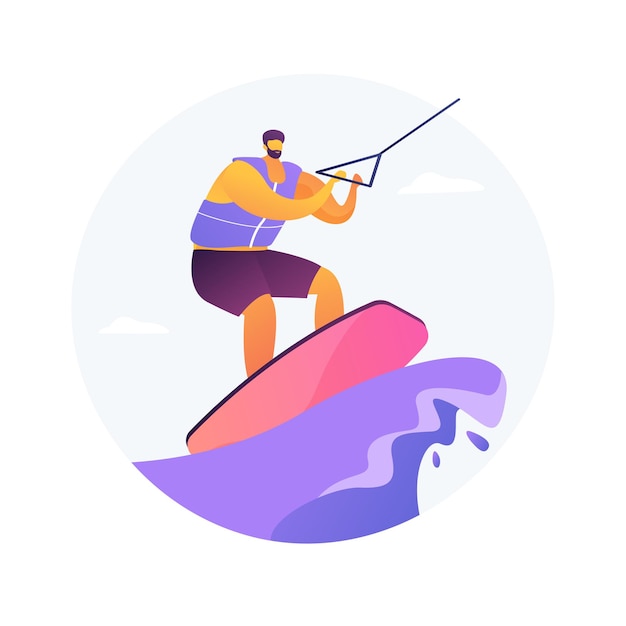 Wakeboarding abstract concept vector illustration. water sport,\
extreme, boat cable, wakeboard trick, waterskiing equipment, active\
lifestyle, adrenaline, lake adventure park abstract metaphor.