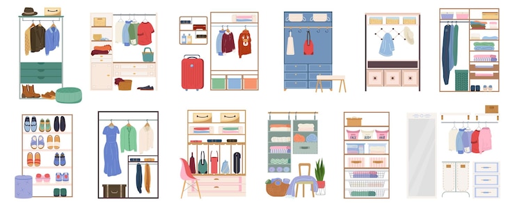 Free Vector walk in closet flat set of cloakroom with male and female garment hanging on hangers and footwear in cabinet  isolated vector illustration