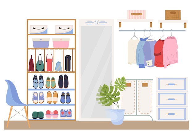 Free vector walk in closet interior with hanging clothes shoes placed on shelves chair and home flower in pot flat vector illustration