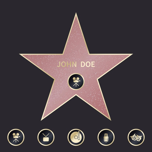 Walk of fame star with emblems symbolize five categories