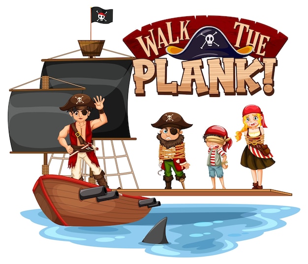 Vettore gratuito banner di carattere walk the plank con personaggio dei cartoni animati pirata