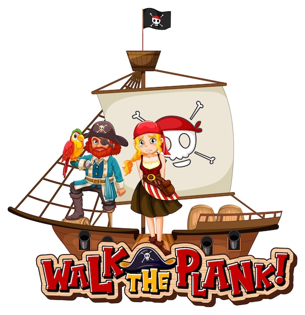 Free vector walk the plank font with pirate cartoon character on the ship