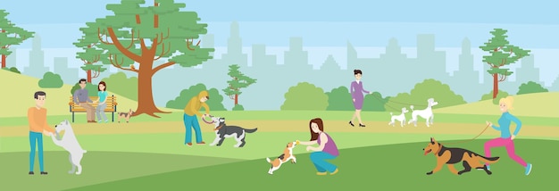 Cani da passeggio nel parco le persone si prendono cura dei loro cani bellissimo parco verde