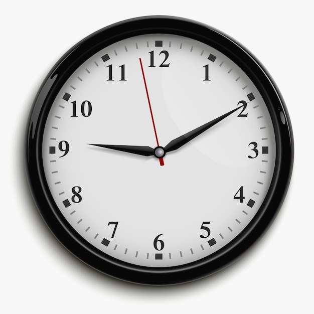 Wall office clock with black and red hands and white dial