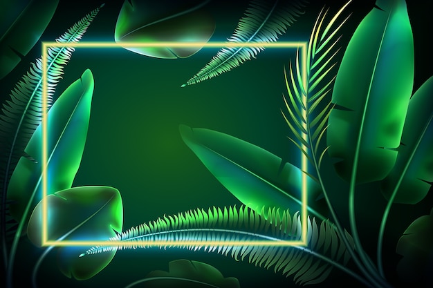 Wallpaper with realistic leaves with neon frame