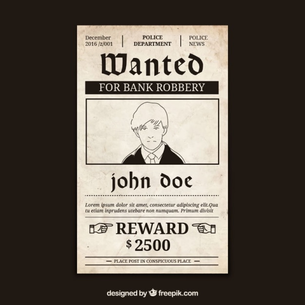 Free vector wanted poster with criminal and great reward