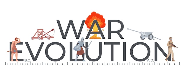 Free vector war evolution history composition with flat text and horizontal timeline from ancient hunt to modern warfare vector illustration