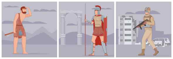 Free vector war evolution history set with flat compositions of ancient warrior medieval knight and modern army soldier vector illustration