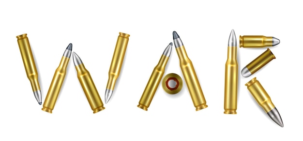 Free vector war word realistic composition of isolated gold bullets