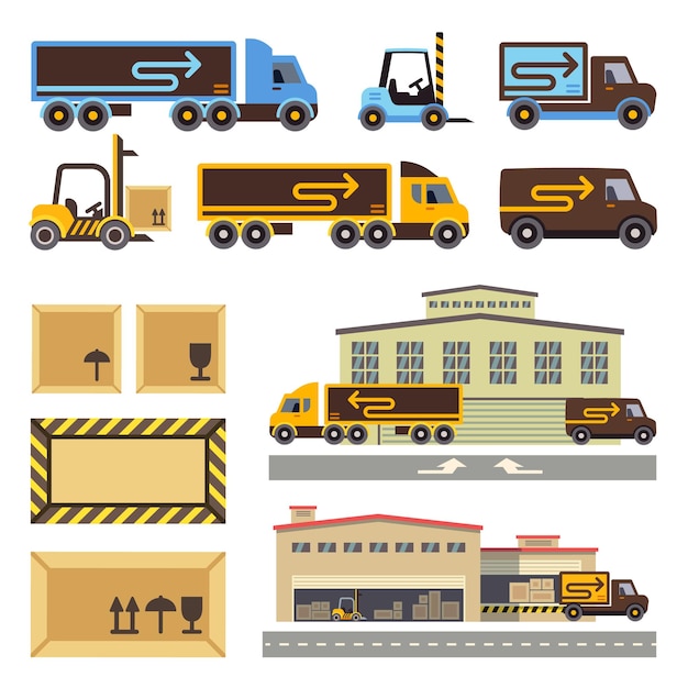 Warehouse building and transportation vehicles icons set