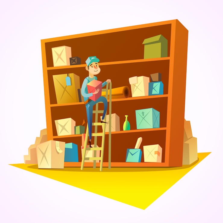 Free Vector warehouse concept with worker in front of shelves with goods 