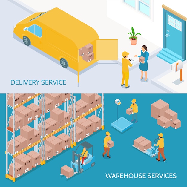 Free vector warehouse delivery services isometric banners