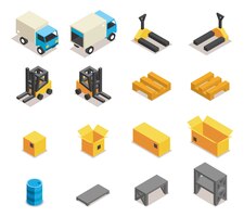 Free vector warehouse equipment icon set. transportation and forklift, cargo and box, logistic and delivery,