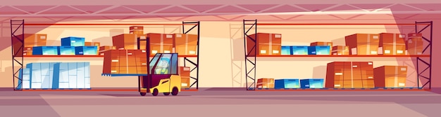 Warehouse illustration of logistics transport and industrial goods storage room. 