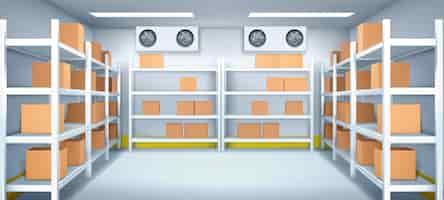 Free vector warehouse interior with boxes on racks