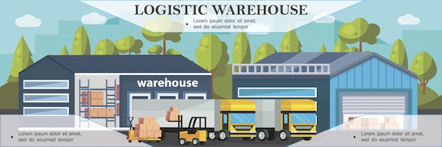 Vettore gratuito insegna variopinta di logistica del magazzino con il processo di caricamento dei camion nello stile piano