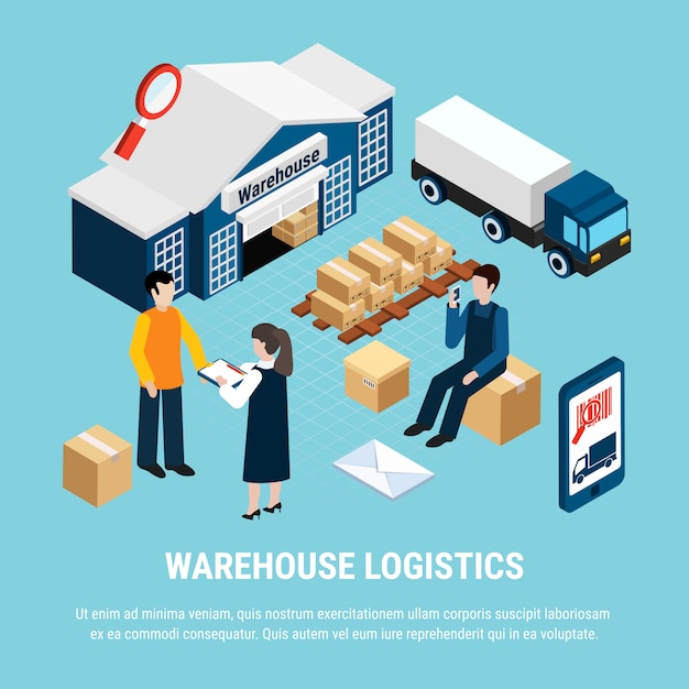 Logistica del magazzino isometrica con i lavoratori della consegna sull'illustrazione blu 3d