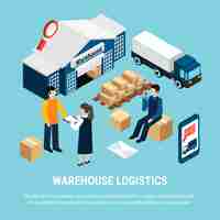 Free vector warehouse logistics isometric with delivery workers on blue 3d illustration