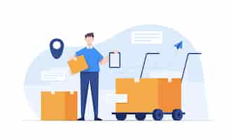 Free vector warehouse staff wearing uniform loading parcel box and checking product from warehouse delivery and logistic storage and truck transportation industry delivery and logistic business delivery