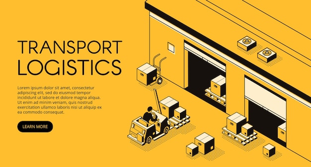 Warehouse transport logistics illustration of storehouse worker on loader truck pallet