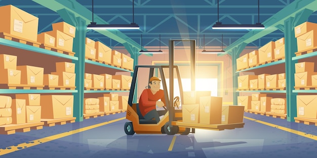 Free vector warehouse with man worker forklift and boxes