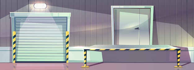 Free vector warehouse with roller shutter entrance door and unloading dock platform. vector illustration of stor