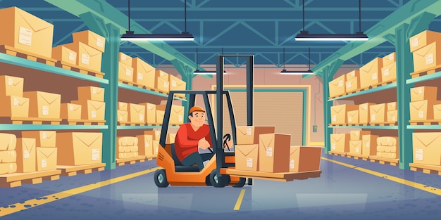 Warehouse with worker, forklift and boxes