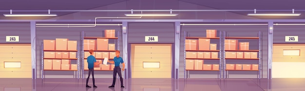 Warehouse with workers, cardboard boxes on shelves and closed gates with rolling shutter. Vector cartoon illustration of empty storage room interior with goods on metal racks and storehouse staff