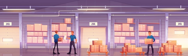 Free vector warehouse with workers, cardboard boxes on shelves and pallets. vector cartoon illustration of storage room interior with goods on metal racks, closed gates with rolling shutter and storehouse staff
