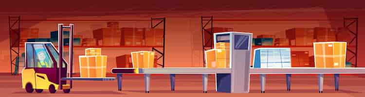 Free vector warehouse worker in forklift loader put parcels on conveyor belt