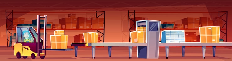Free Vector warehouse worker in forklift loader put parcels on conveyor belt