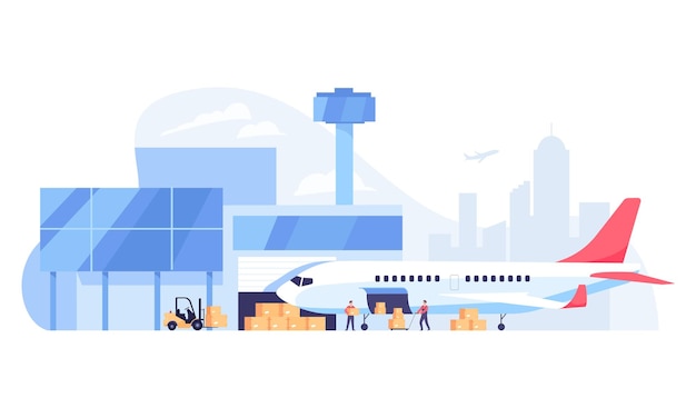 Free vector warehouse workers loading boxes into airplane. cargo aircraft, international freight flat vector illustration. global logistic, transportation, delivery concept for banner or landing web page