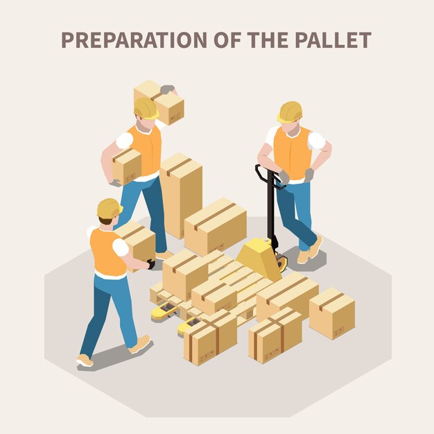 Warehouse workers putting cardboard boxes on wooden pallet 3d isometric vector illustration