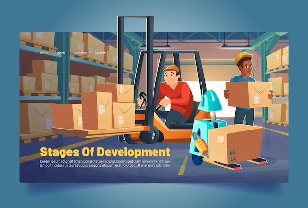 Free vector warehouse workers and robot load boxes on racks cartoon banner. storehouse stages of development, logistics business. forklift loaders work in freight storage with goods on shelves, vector concept