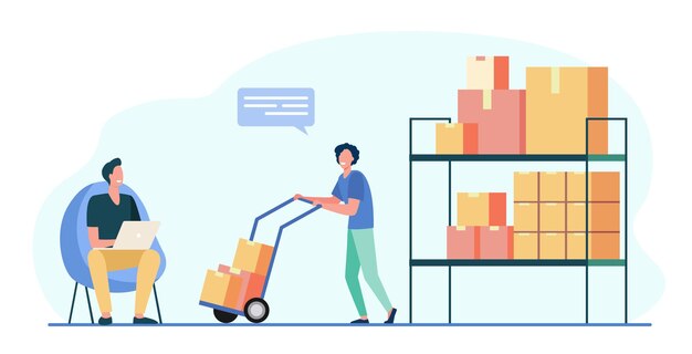 Работники склада с помощью ноутбука и переноски ящиков на тачке