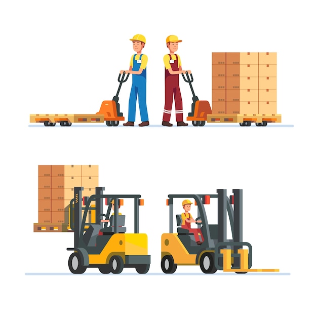 Free vector warehouse workers working with forklifts