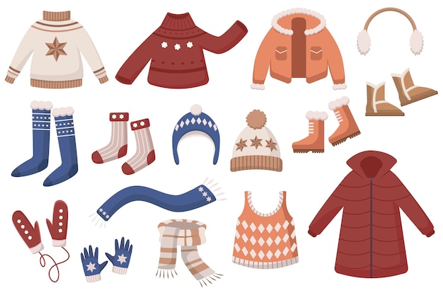 Set di illustrazioni vettoriali per vestiti di lana calda. simpatici scarabocchi di cartoni animati con abbigliamento invernale femminile, maglioni o maglioni, stivali, cappelli, sciarpe, guanti e muffole, giacca, cappotto, calzini. stagioni, concetto di moda