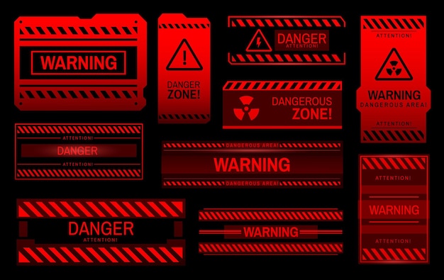 Предупреждающее внимание, предупреждающие и предупреждающие красные знаки Premium векторы
